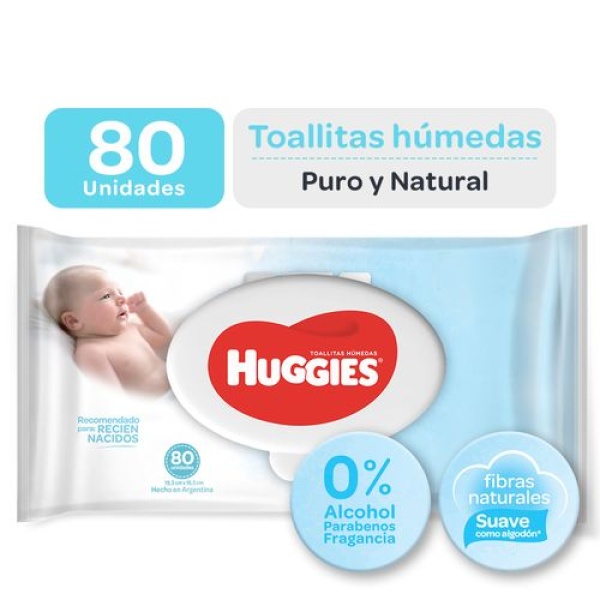 HUGGIES TOALLITAS HÚMEDAS Puro & Natural X 80